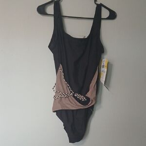 Longitude Black and Brown One-Piece Swimsuit with Rope Detail Size 16